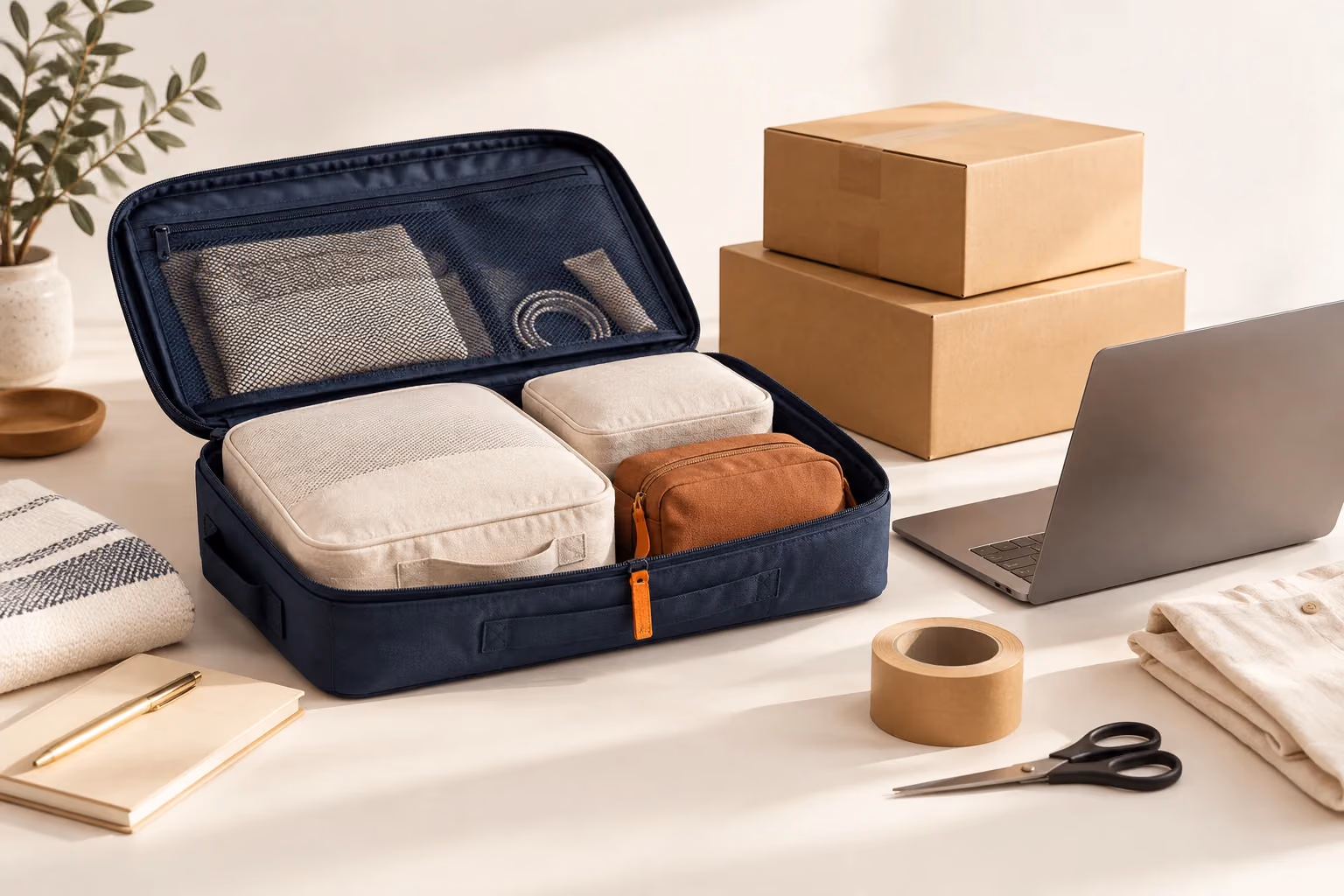 Navy travel organizer and packing cubes beside shipping boxes on a warm ivory worktable.